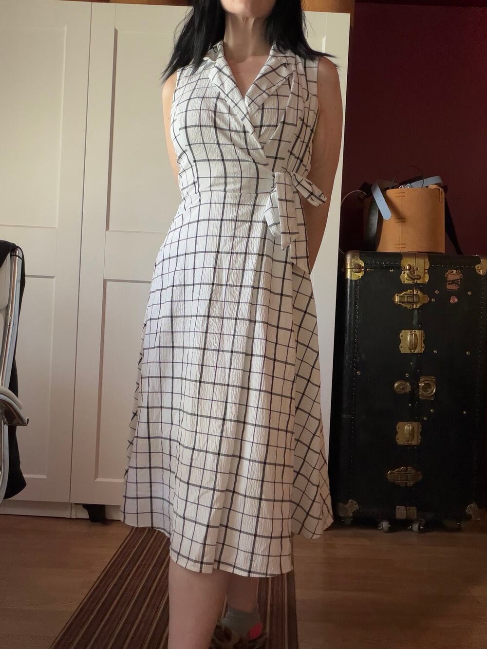 white and black plaid wrap dress with lining